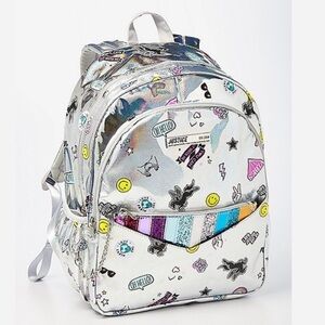 NWT  justice holographic sticker pocket full size backpack silver